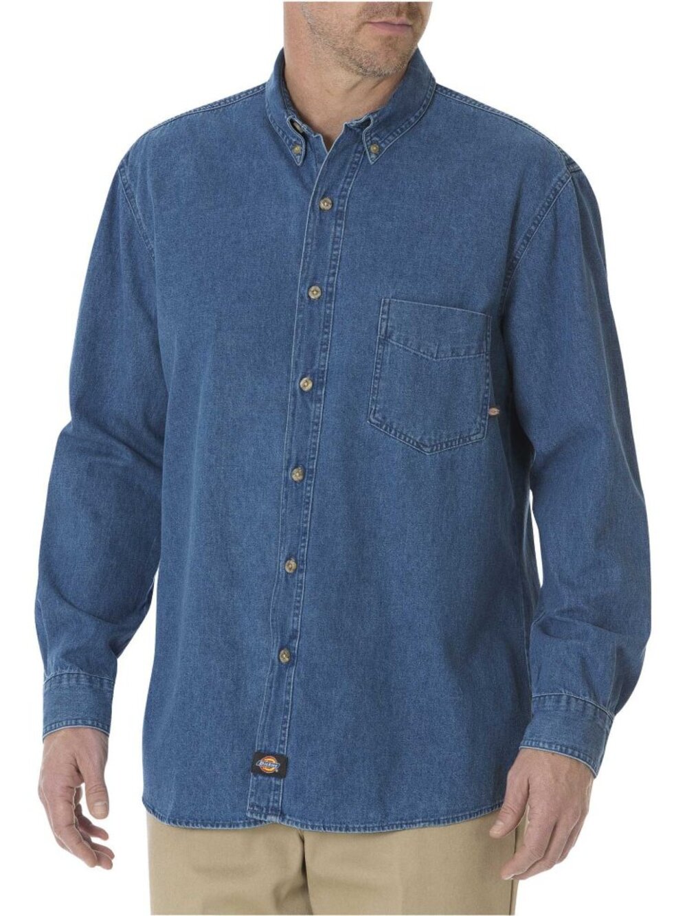 Dickies Men's Denim Work Shirt Stonewashed Blue 100% Cotton Button Down - Large